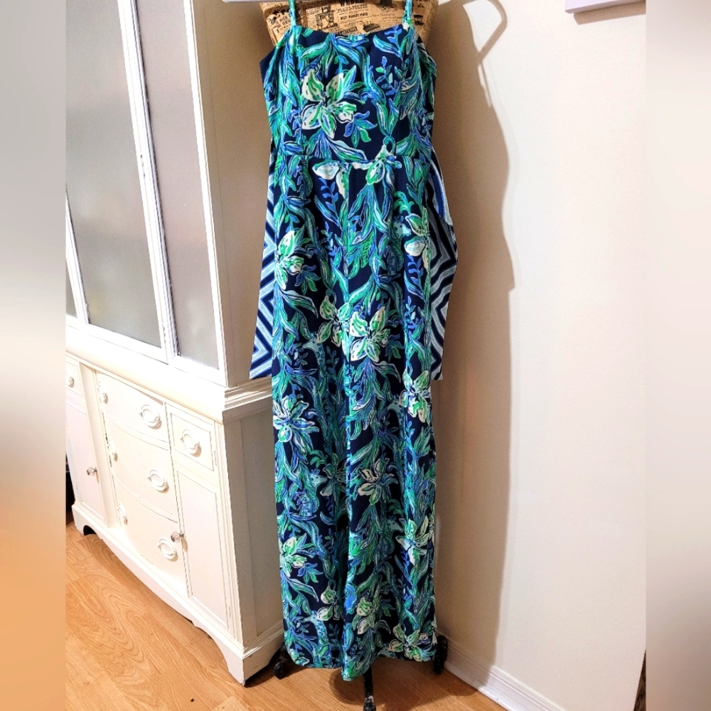 Lilly Pulitzer Blue Green Nila Jumpsuit with striped  fabric tie belt wide leg